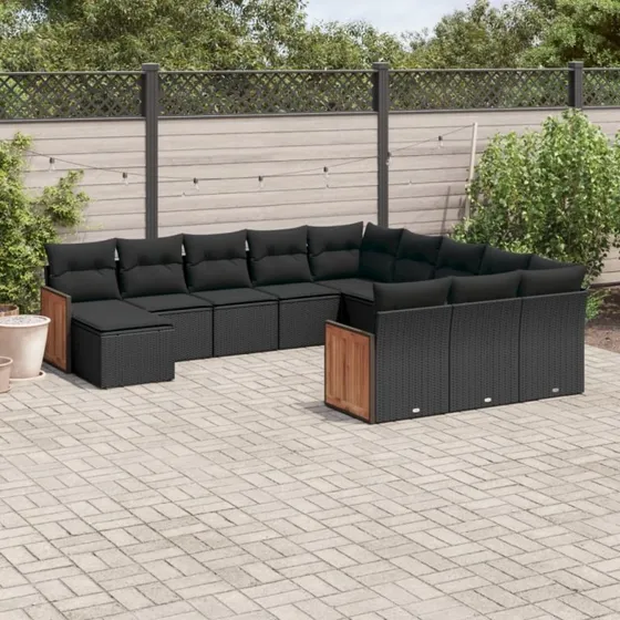 Havesofasæt 12 dele i polyrattan med hynder – sort