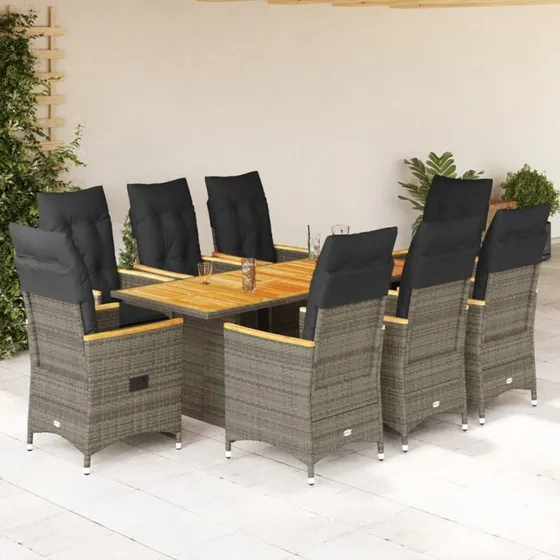 Havemøbelsæt 9 dele i grå polyrattan med hynder
