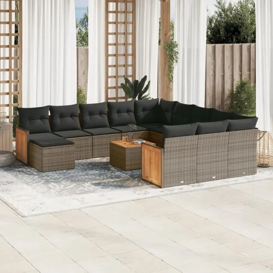 Havesofasæt 13 dele i grå polyrattan med hynder