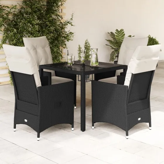 Spisebordssæt i sort polyrattan 5 dele med hynder
