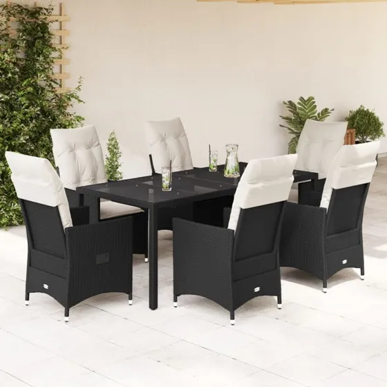 Spisebordssæt i polyrattan 7 dele med hynder, sort