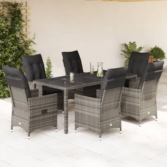 Spisebordssæt i polyrattan 7 dele med hynder - grå