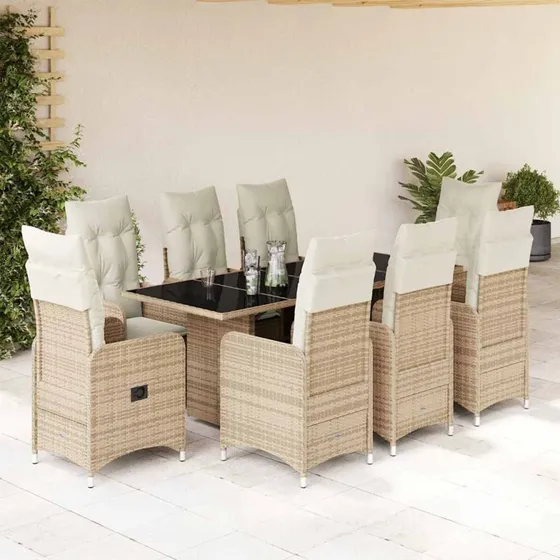 Bistrost i polyrattan 9 dele med hynder  beige