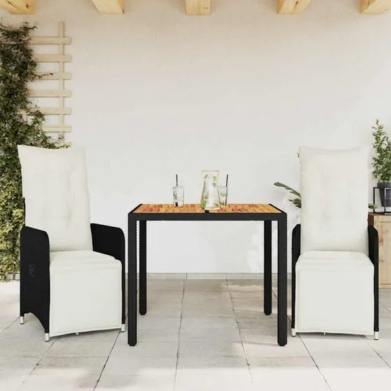 Polyrattan bistrost 3 dele med hynder - sort