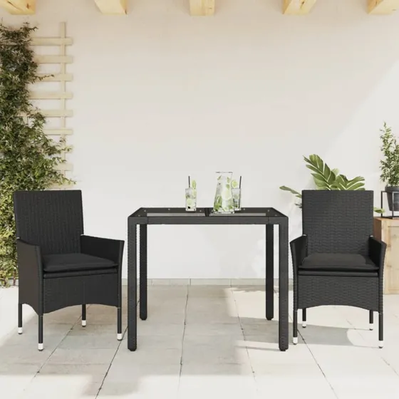 3-dele havemøbelsæt i polyrattan m. hynder og glas – sort