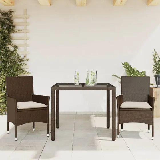3-dele spisebordssæt i polyrattan med glas og hynder – brun