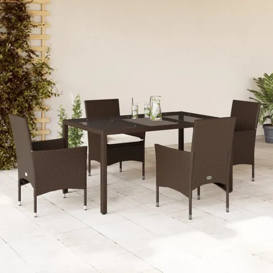 Havemøbelsæt 5 dele i polyrattan med hynder og glas (brun)