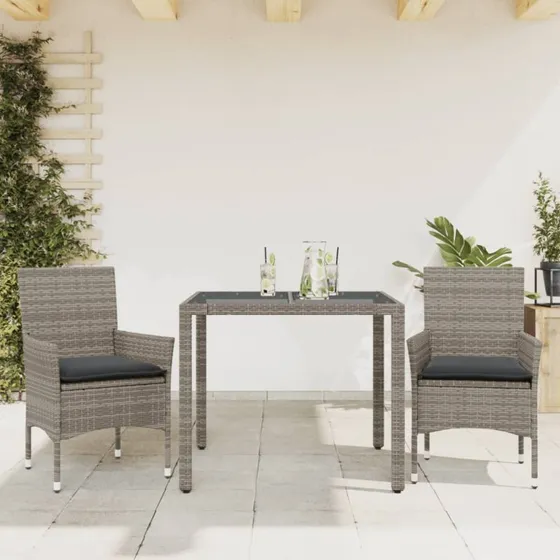 Spisebordssæt i polyrattan 3 dele med hynder og glas (grå)