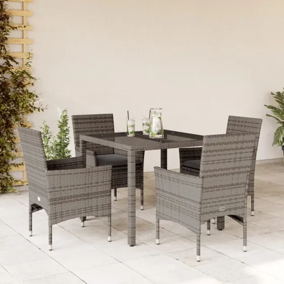 Havemøbelsæt 5 dele i grå polyrattan med glas