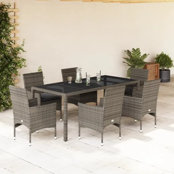 Havemøbelsæt 7 dele i polyrattan med hynder og glas, grå