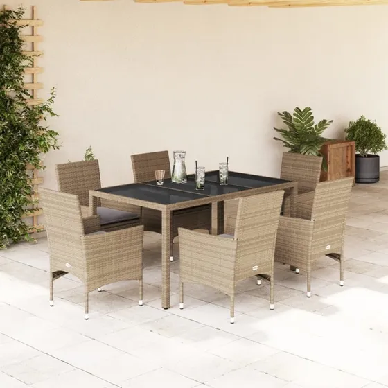 Havemøbelsæt 7 dele i polyrattan med hynder & glas