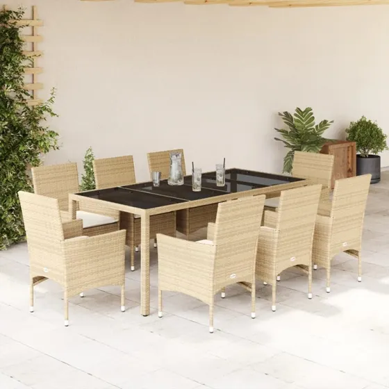 Spisebordssæt 9 dele i polyrattan med hynder og glas