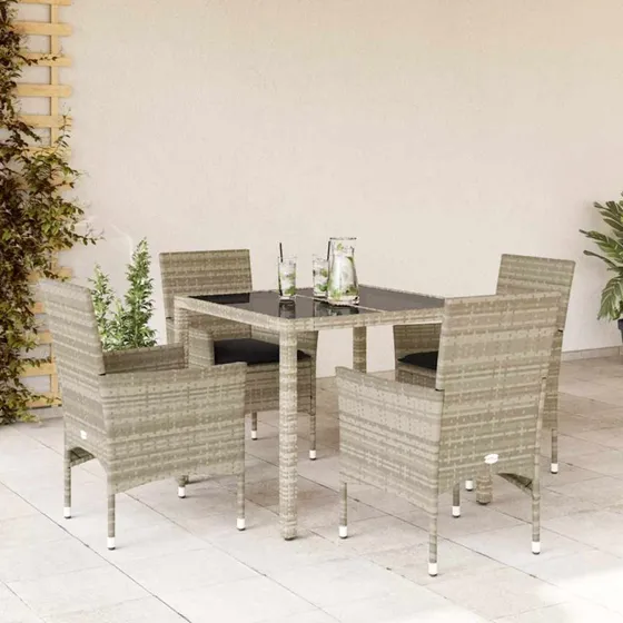Havemøbelsæt 5 dele i polyrattan med hynder og glas