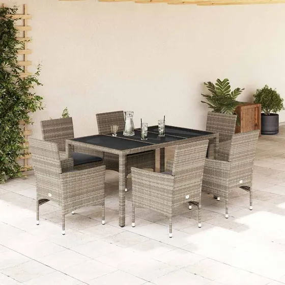 Polyrattan havemøbelsæt 7 dele med hynder og glas, grå