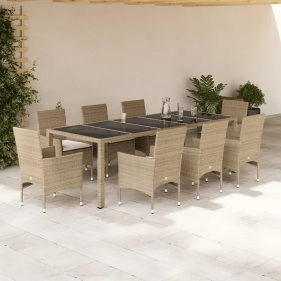 Spisebordssæt i polyrattan 9 dele med hynder & glas