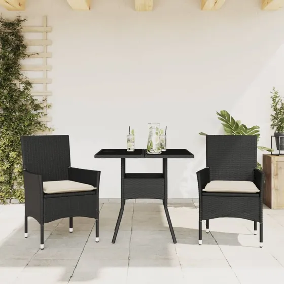 3-dele havemøbelsæt i polyrattan med hynder og glas, sort