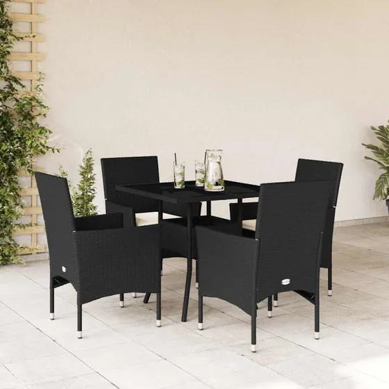 Spisebordssæt i polyrattan 5 dele med glas og hynder – sort