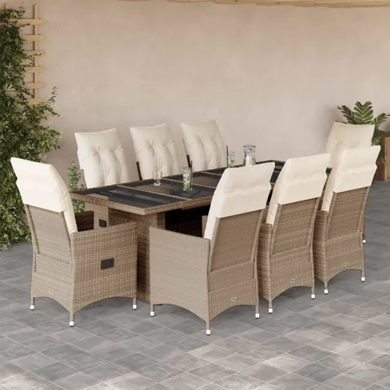 9-del bistrost i polyrattan med hynder  beige