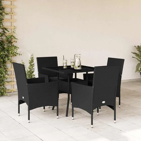 Havemøbelsæt 5 dele i sort polyrattan m. hynder & glas