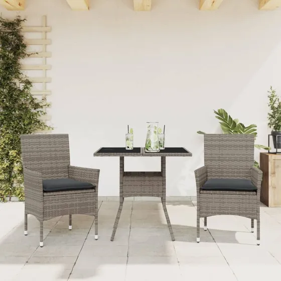 Spisebordssæt i polyrattan 3 dele med hynder og glas, grå