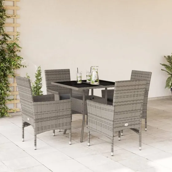 Havemøbelsæt i polyrattan, 5 dele med hynder og glas, grå