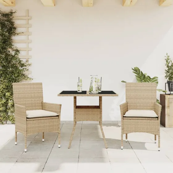 Spisebordssæt til haven 3 dele i polyrattan med hynder
