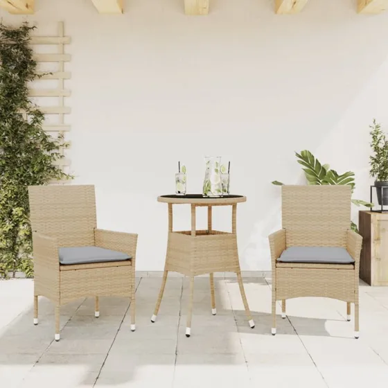 Havemøbelsæt 3 dele i polyrattan med hynder & glas