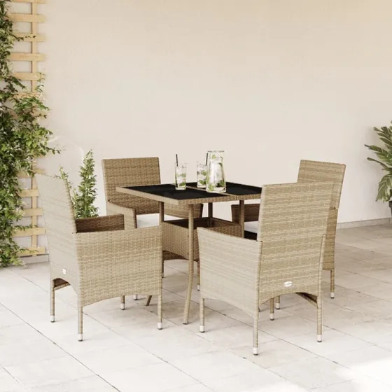 Havemøbelsæt 5 dele i polyrattan med hynder & glasbord