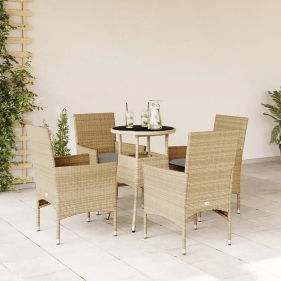 Havemøbelsæt 5 dele i polyrattan med hynder & glas