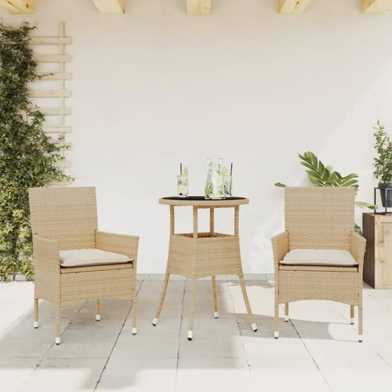 Havemøbelsæt 3 dele i polyrattan med hynder og glassbord