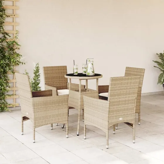 Havemøbelsæt 5 dele i polyrattan med hynder og glas