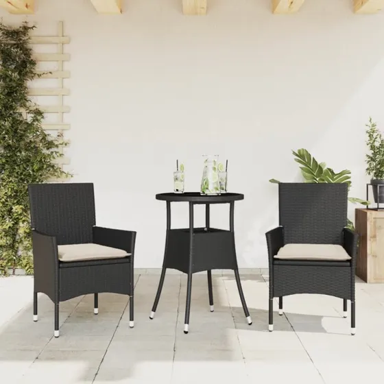 Havemøbelsæt 3 dele i polyrattan med glas, sort
