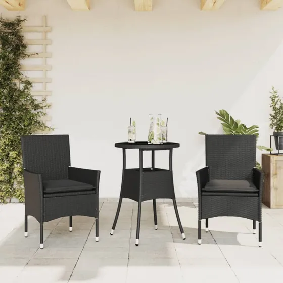 Spisebordssæt i polyrattan 3 dele med hynder og glas