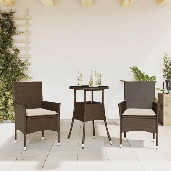3-dele havemøbelsæt i brun polyrattan med hynder & glas
