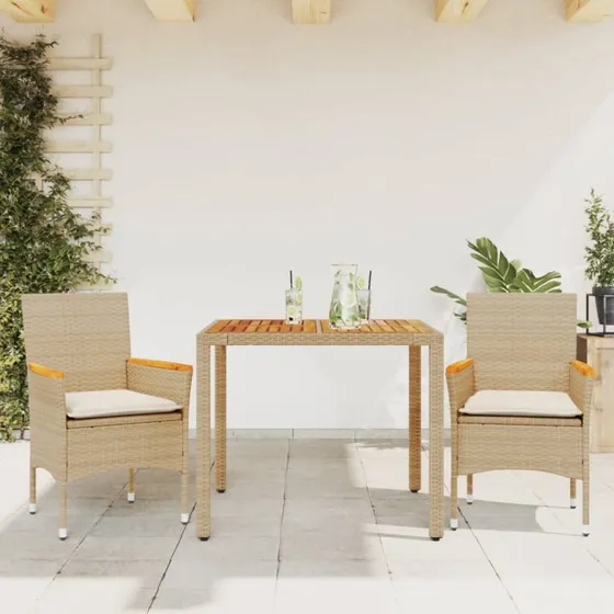 Havemøbelsæt 3 dele i polyrattan med hynder - akacie/beige