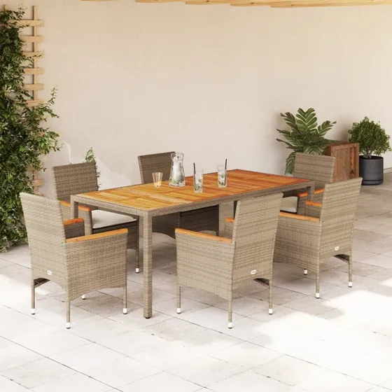 Havemøbelsæt 7 dele i polyrattan med hynder, akacie/beige