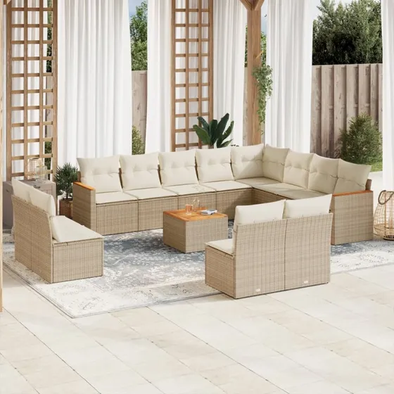 Havesofasæt 13 dele i polyrattan med hynder, beige