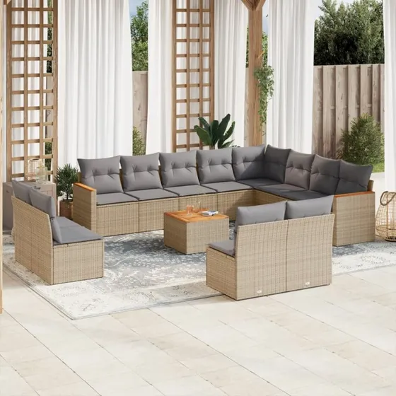 Havesæt 13 dele i beige polyrattan med hynder