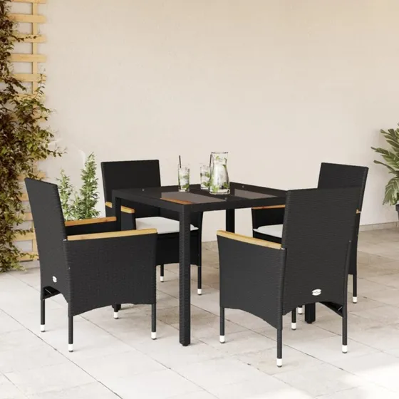 Spisebordssæt i polyrattan 5 dele med hynder og glas - sort