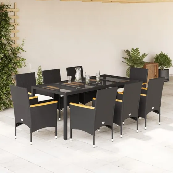 Spisebordssæt i polyrattan 9 dele med hynder og glas