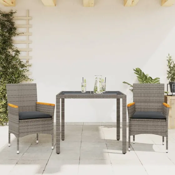 Havemøbelsæt 3 dele i grå polyrattan med hynder & glas
