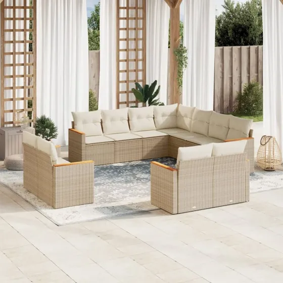 Havesofasæt 11 dele i polyrattan med hynder, beige