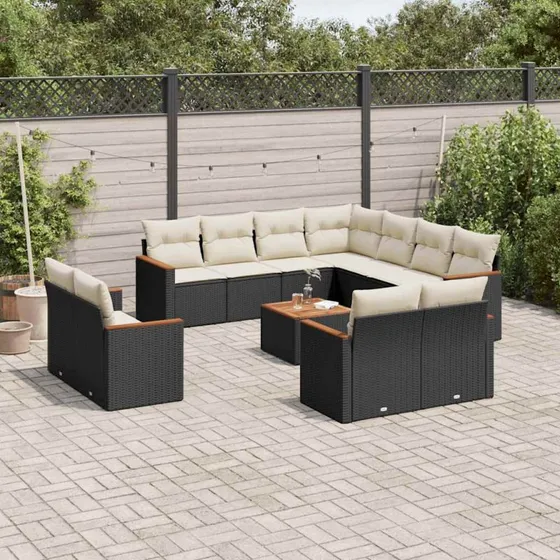 12-del havesofasæt i sort polyrattan med hynder