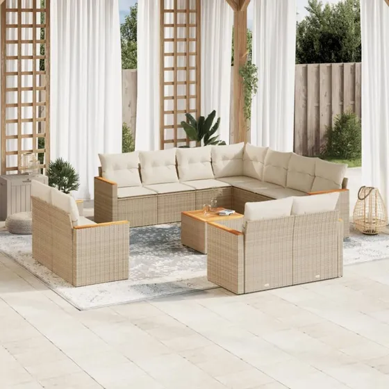 Havesæt 12 dele i polyrattan med hynder - beige