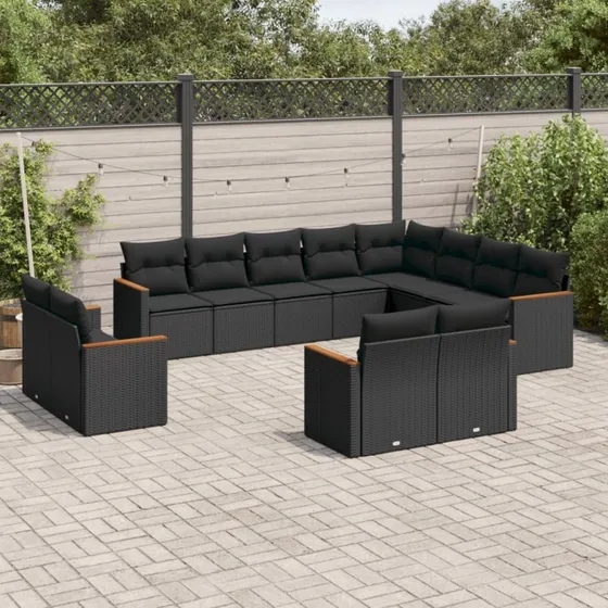 Havesofasæt 12 dele i polyrattan med hynder - sort