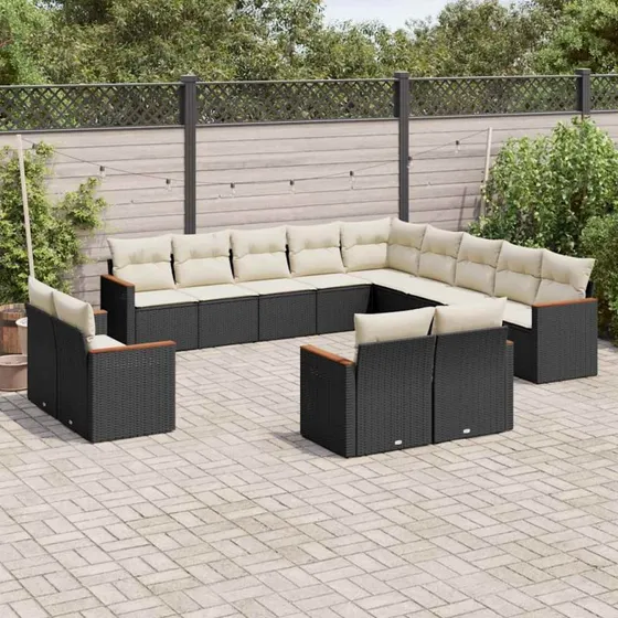 Havesofasæt 13 dele i sort polyrattan med hynder