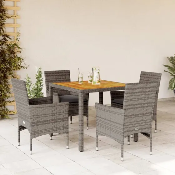 Spisebordssæt havemøbler 5 dele i polyrattan, akacie grå