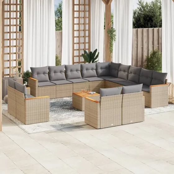 Havesæt polyrattan 14 dele med hynder – beige