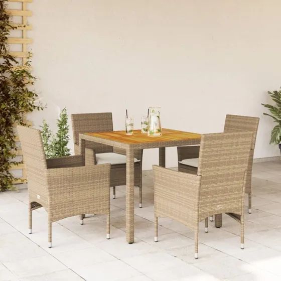 Spisebordssæt til haven 5 dele i polyrattan - akacie/beige