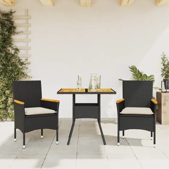 Havemøbelsæt 3 dele i polyrattan med hynder og glas - sort